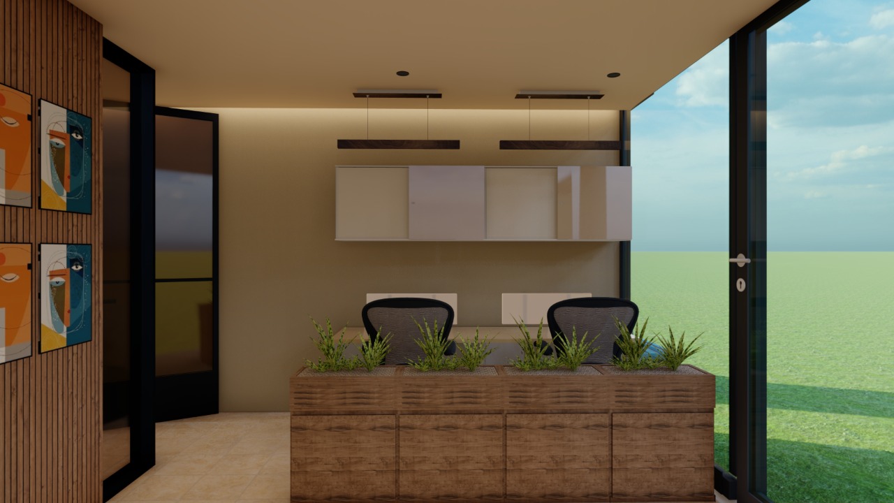 Rendered office workstation with planters